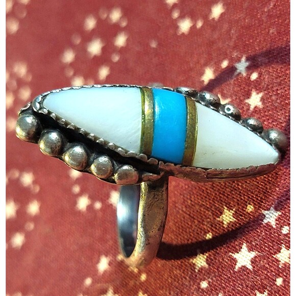 Vintage Navajo Turquoise & Mother of Pearl Sterling Silver Old Pawn Ring 6.25 - Picture 2 of 10